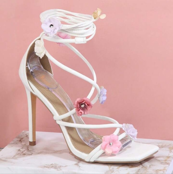 White and Pink Strappy Floral Heels - Picture 1 of 12